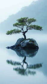 Solitary bonsai on misted lake rock with mirror reflection.
