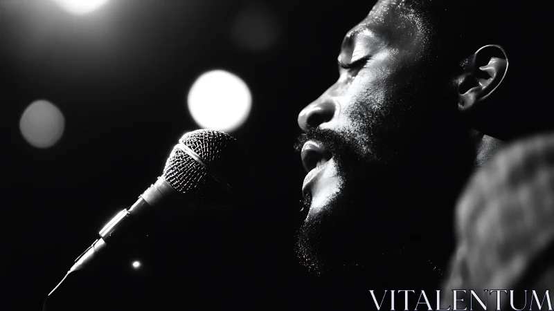 Soul singer in profile under moody stage spotlight.