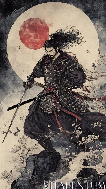 Storm-worn samurai strides beneath a blood-bright moon