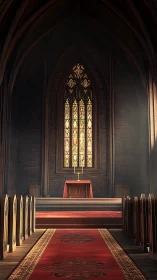 Gothic nave interior with stained glass altar illumination.