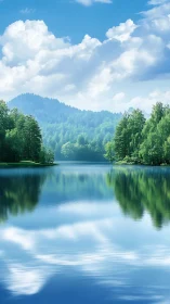 Tree-lined lake with distant forested hills under clouds.