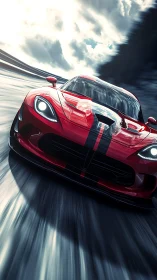 Red supercar slices wet racetrack under stormy sky.