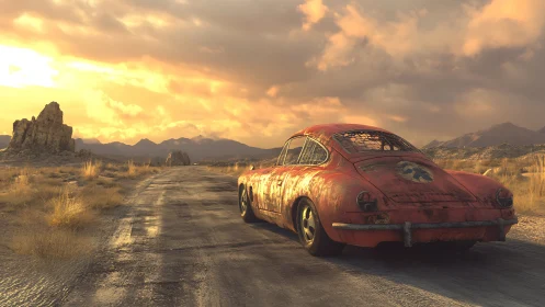 Rust-red desert coupe chasing the last light of daybreak.