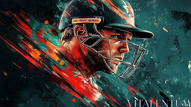 Cricket batter portrait in helmet amid abstract streaks.