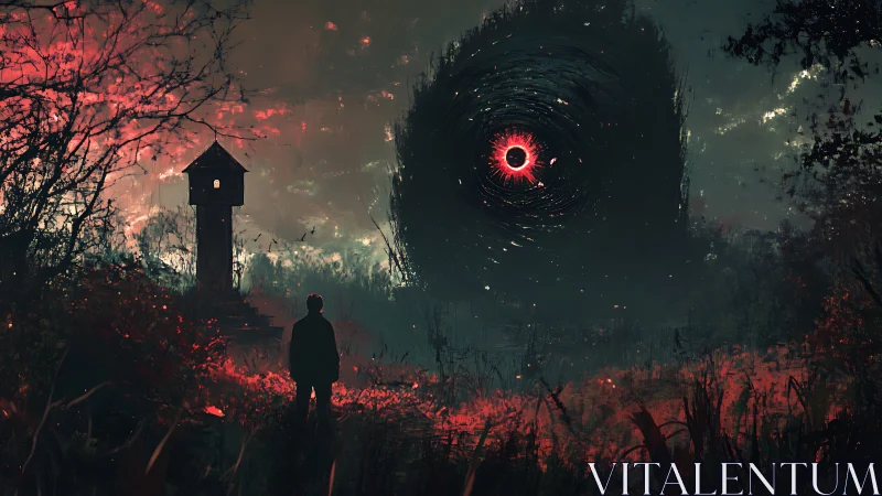 Solitary figure confronting a luminous cosmic vortex at dusk