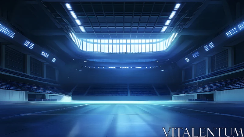 Silent futuristic stadium interior glows in cool blue light