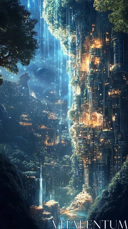 Vertical bioluminescent rainforest metropolis in fantasy dusk.