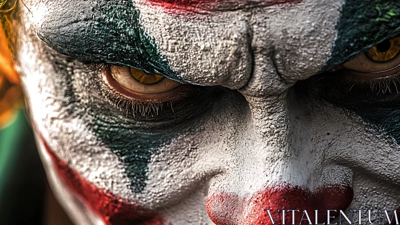 Intense clown makeup portrait captures menacing golden eyes