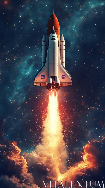 Space shuttle launch against star-filled night sky.