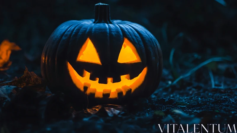 Glowing jack o lantern with carved grin in dark setting.