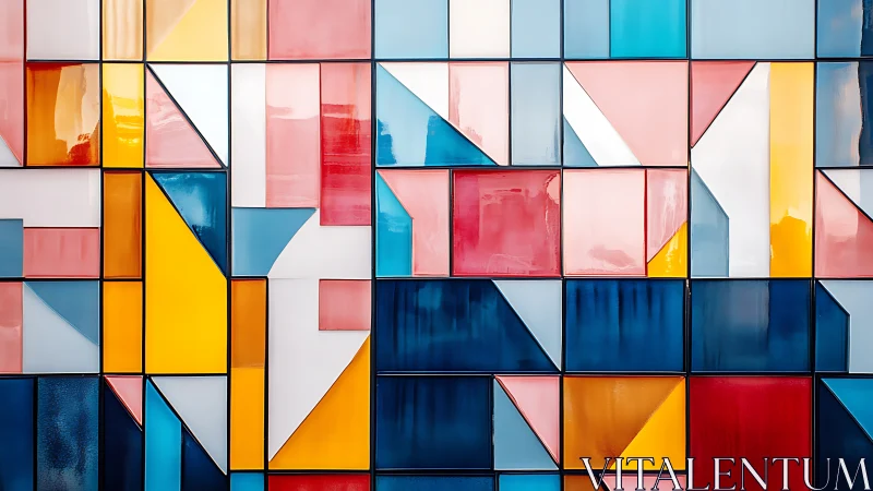 Geometric glass mosaic wall in bold candy-colored blocks.