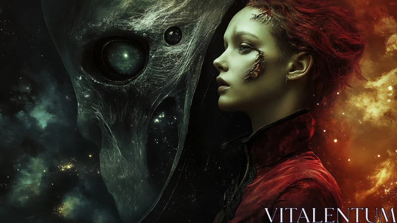 Starlit Rift Between Alien Phantom And Ember-Haired Voyager.