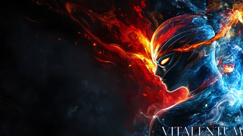 Elemental avatar in blazing fire and icy nebula profile.