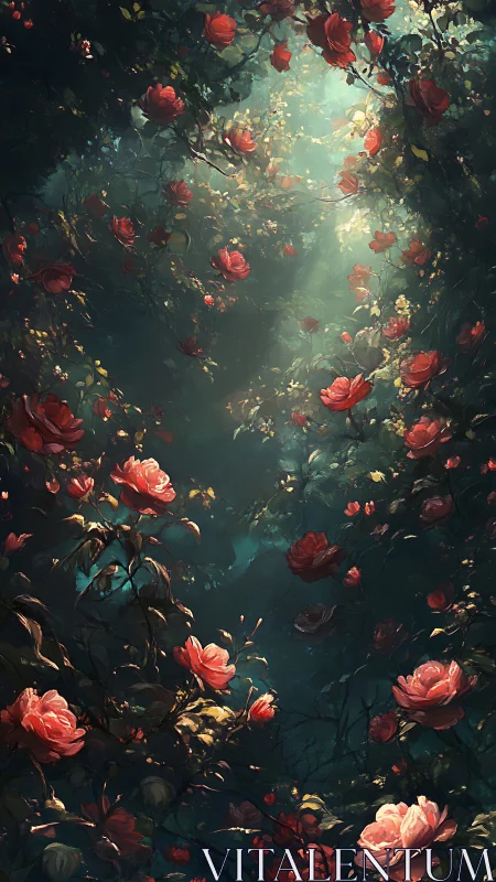 Rose garden illuminated by ethereal light