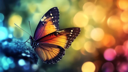 Butterfly drifts through bokeh galaxies of molten daylight
