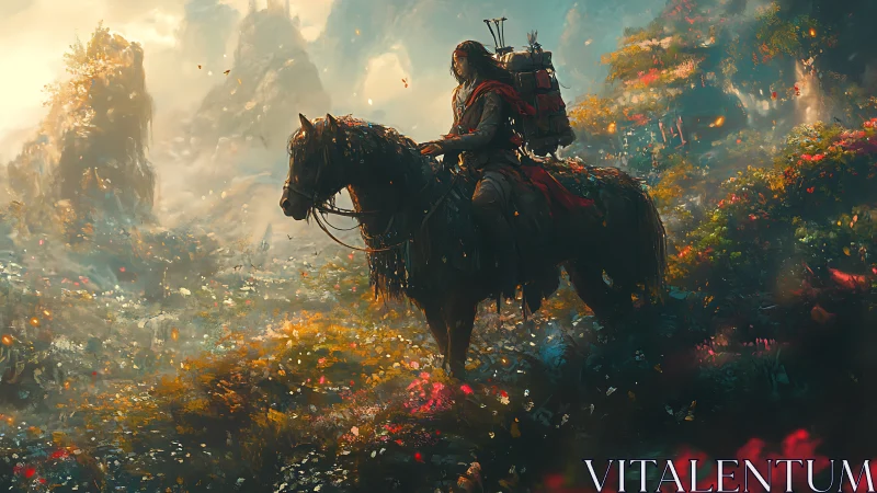 Solitary rider on horseback in dense, misty fantasy valley.