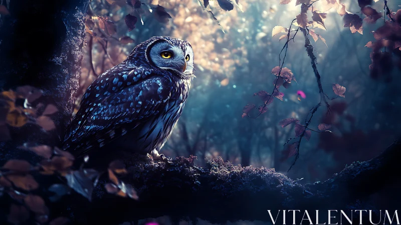 Majestic Owl Perched on Tree at Twilight in Magical Forest.