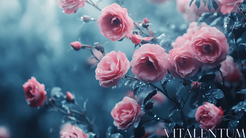 Pink roses dance against moody teal twilight waters