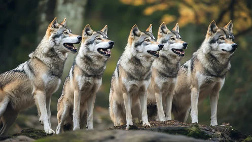 Wolf pack standing alert on forest rocks at dusk.