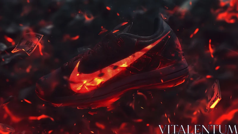 Luminous red sneaker ignites through swirling ember storm.