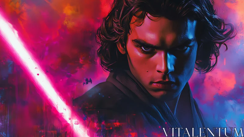 Brooding space duelist in neon storm of pink and blue fire.