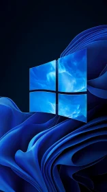 Windows style glass logo hovers over folded blue fabric forms