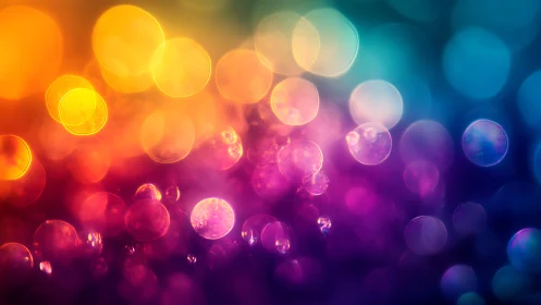 Vibrant bokeh lights in abstract multicolor gradient background.