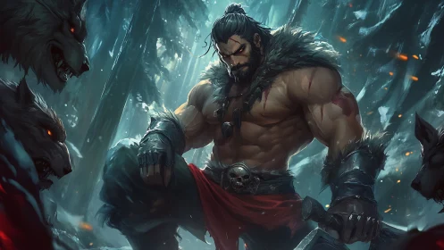 Muscular warrior kneels in snowy forest surrounded by wolves