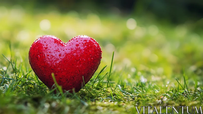 Red glitter heart on moss-covered ground with green bokeh.