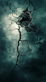 Vertical ground fissure splitting dark stormy surface.