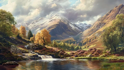 Sunlit alpine valley with cascading river in digital realism