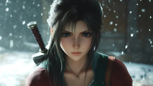 Focused female warrior with sword in a snowy environment.