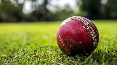 Weathered red cricket ball resting on green grass field.