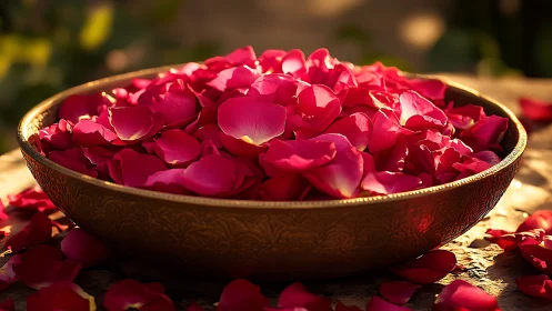 Sunlit brass bowl overflowing with vivid rose petals.