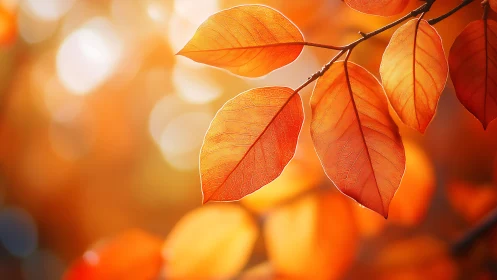 Orange autumn leaves in close-up against soft bokeh light.
