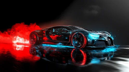 Neon-lit hypercar render shows red and blue motion effects