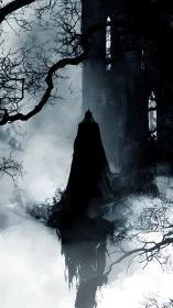 Shadowed watcher by the ruined tower in drifting mist.