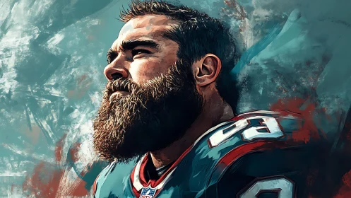 Profile portrait of bearded football player in uniform.