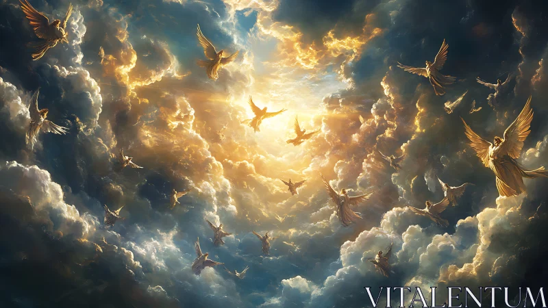 Radiant host of golden angels swirling in stormlit heaven.