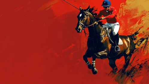 Polo rider on galloping horse against bold red field.