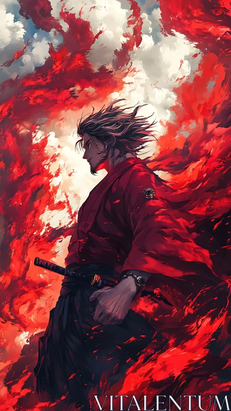 Lone samurai strides through swirling red storm clouds