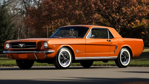 Classic orange 1965 Ford Mustang coupe under autumn trees.