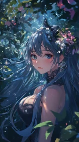 Forest nymph with blue hair under dappled twilight glow.