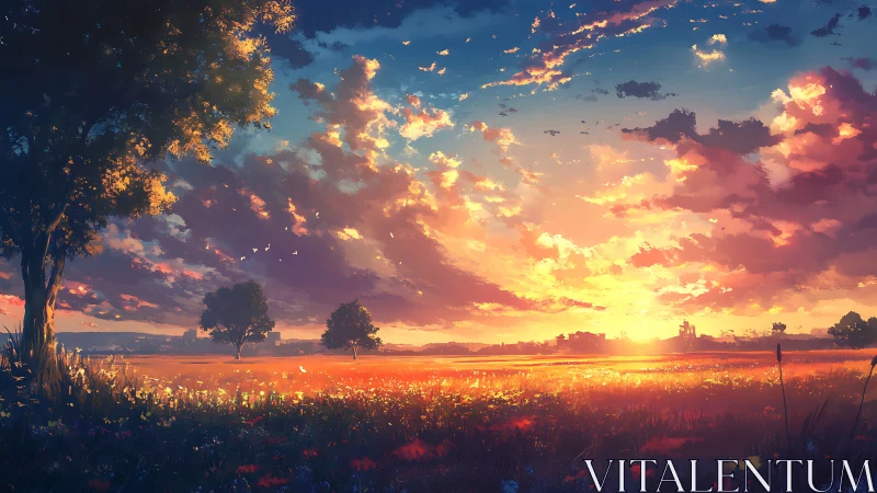 Sunset over open field with glowing sky and trees.