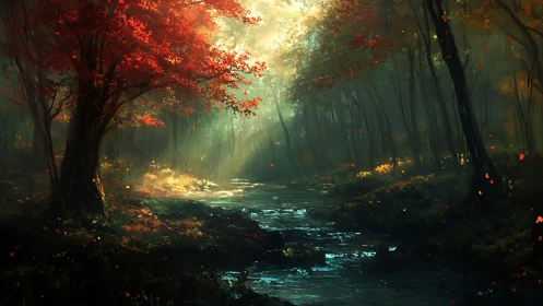 Mystical Autumn Forest Stream Bathed in Golden Light.