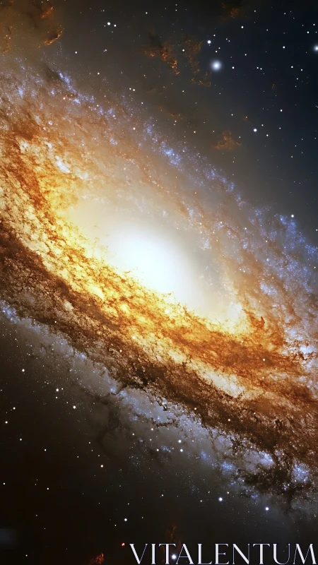 Edge-on spiral galaxy with bright core and dust lanes.