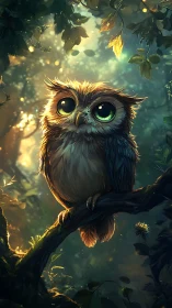 Bioluminescent-eyed juvenile owl in volumetric forest light.