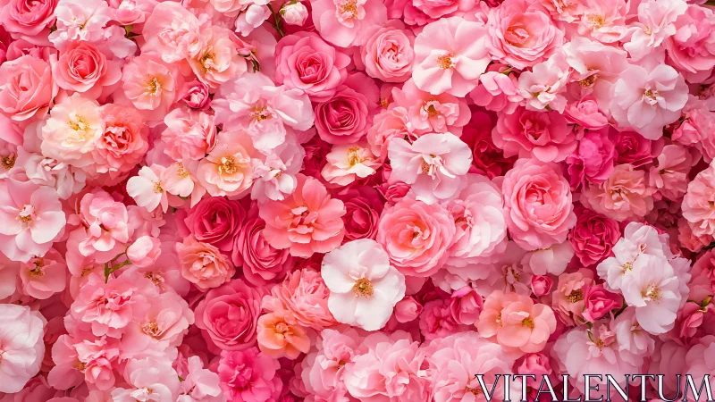 Blooming Pink Roses and Garden Flowers in Dense Arrangement.