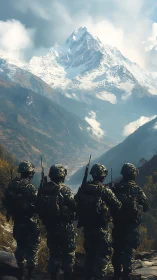 Armed patrol observes alpine valley beneath snowbound summit