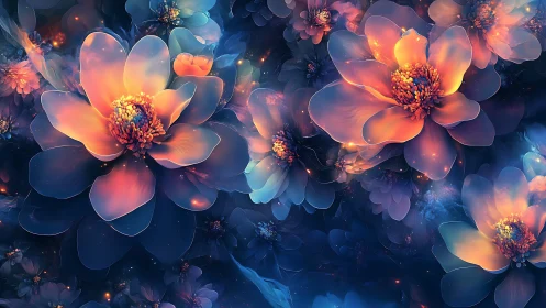 Luminescent macro blossoms in ethereal cosmic bloom field.